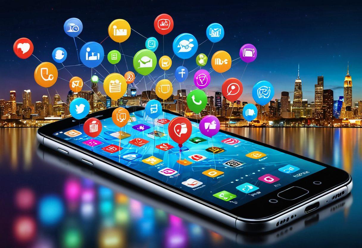 A sleek smartphone displaying a vibrant super app interface, surrounded by colorful icons symbolizing entertainment, social media, and well-being. The background features a bright, cheerful cityscape that embodies joy and modern living, with subtle hints of technology and innovation. Include people of diverse backgrounds enjoying their mobile devices, radiating happiness and connection. 3D, super-realistic, vibrant colors.