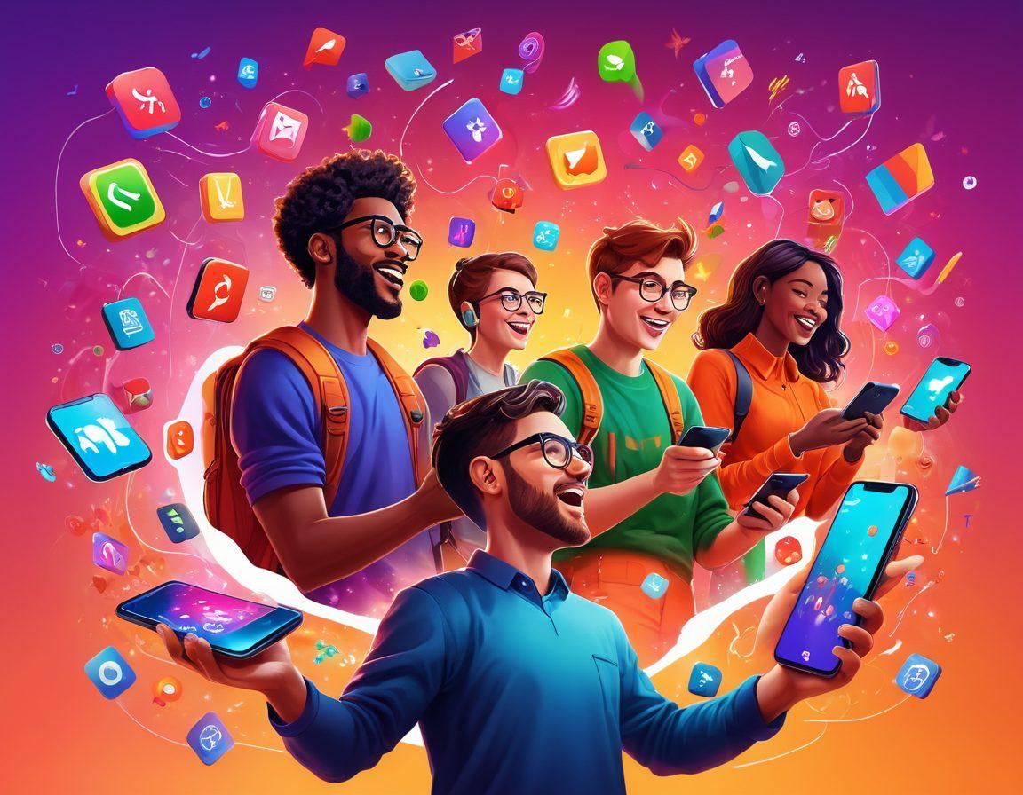 A vibrant and dynamic illustration featuring a diverse group of people joyfully interacting with colorful mobile apps and games on their smartphones, showcasing scenes of collaboration and excitement. The background should depict playful digital elements like floating app icons, gaming controllers, and social media logos, creating an atmosphere of connection and fun. Super-realistic style with bright, energizing colors and a whimsical touch.
