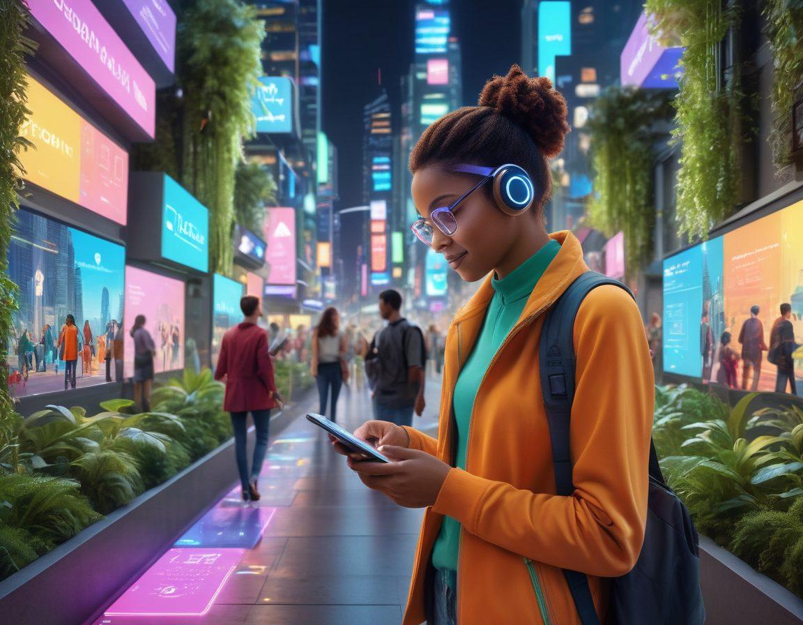 A futuristic cityscape showcasing people happily using diverse mobile devices, with vibrant holograms displaying user interfaces blending seamlessly into their daily activities. Include lush greenery and smart public spaces where technology enhances human connection and experience. Bright and uplifting colors to convey optimism and innovation. super-realistic. vibrant colors. 3D.